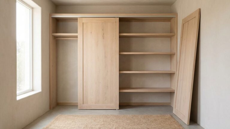 Construction d'un placard sur mesure avec structure en bois et portes coulissantes