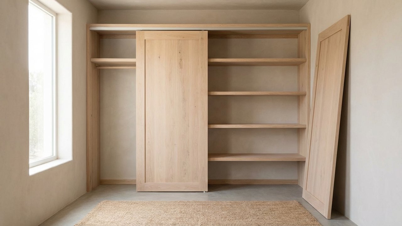 Construction d'un placard sur mesure avec structure en bois et portes coulissantes