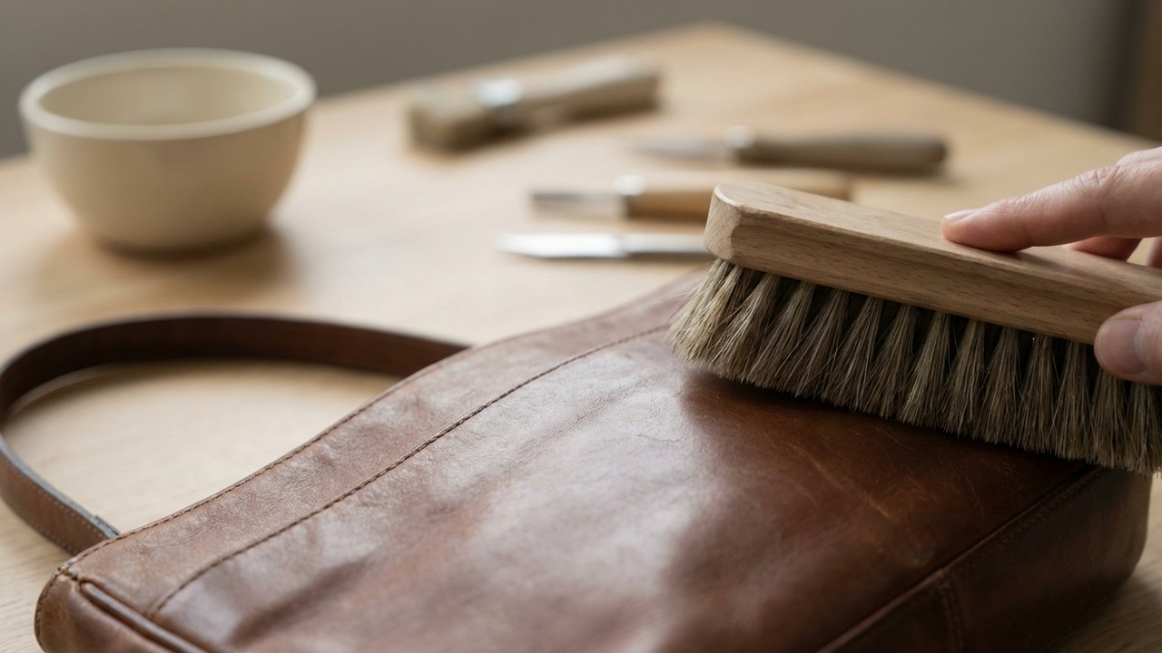 Polissage du cuir restauré avec brosse à poils souples