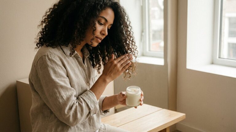 Application d'un soin Niwel Beauty sur cheveux bouclés
