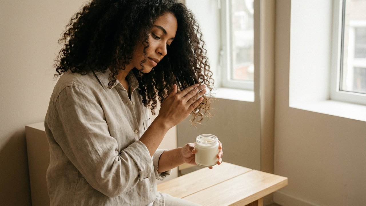 Application d'un soin Niwel Beauty sur cheveux bouclés
