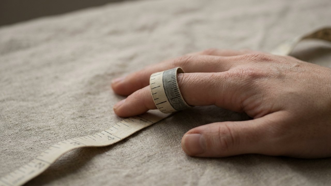 Mesure avec ruban de couturière enroulé au niveau de l'articulation du doigt