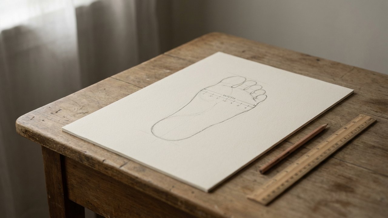Contour du pied tracé sur papier avec mesure de largeur