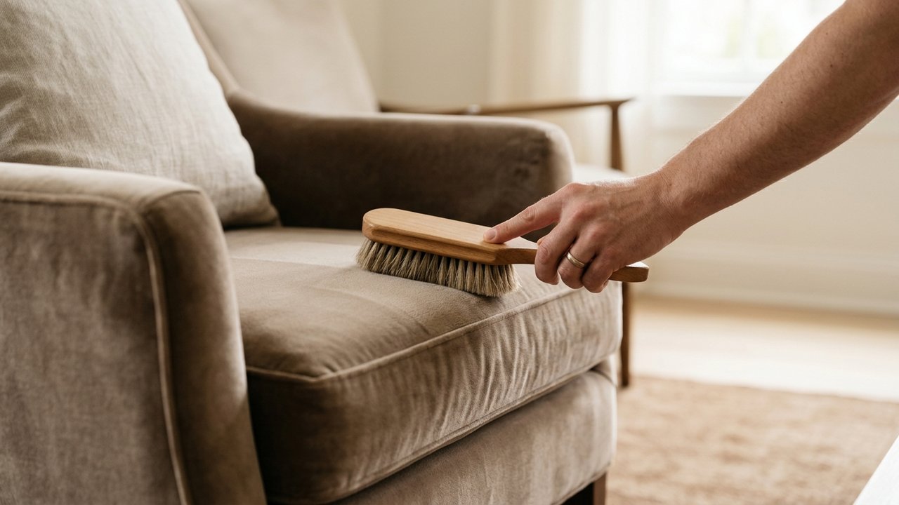 Brossage d'un canapé en velours avec une brosse douce dans le sens du poil