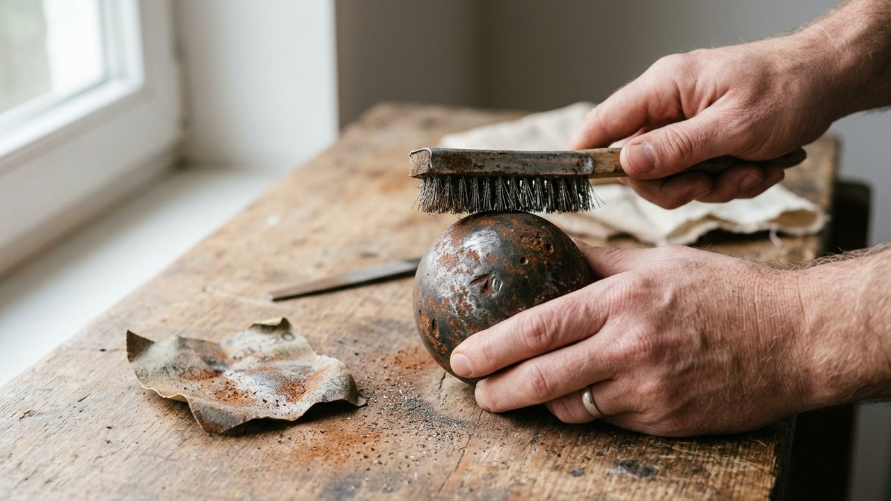 Enlèvement de rouille sur boule de pétanque avec brosse métallique