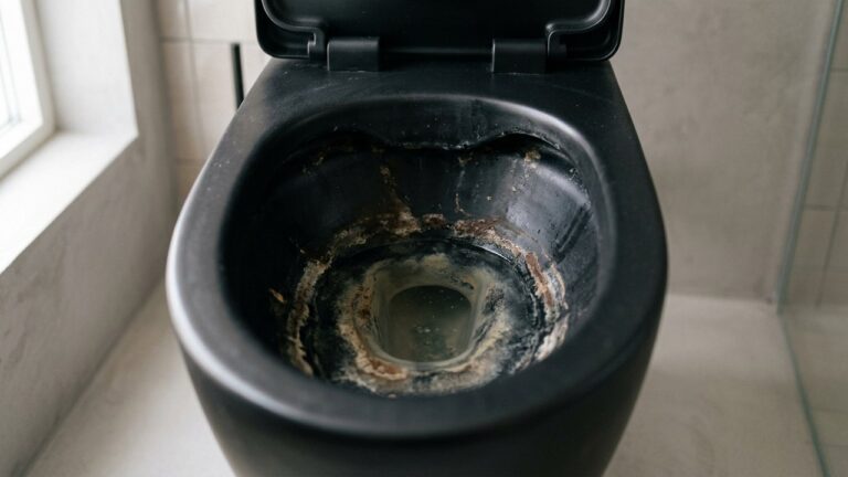 Cuvette de WC noire avec taches et dépôts de calcaire