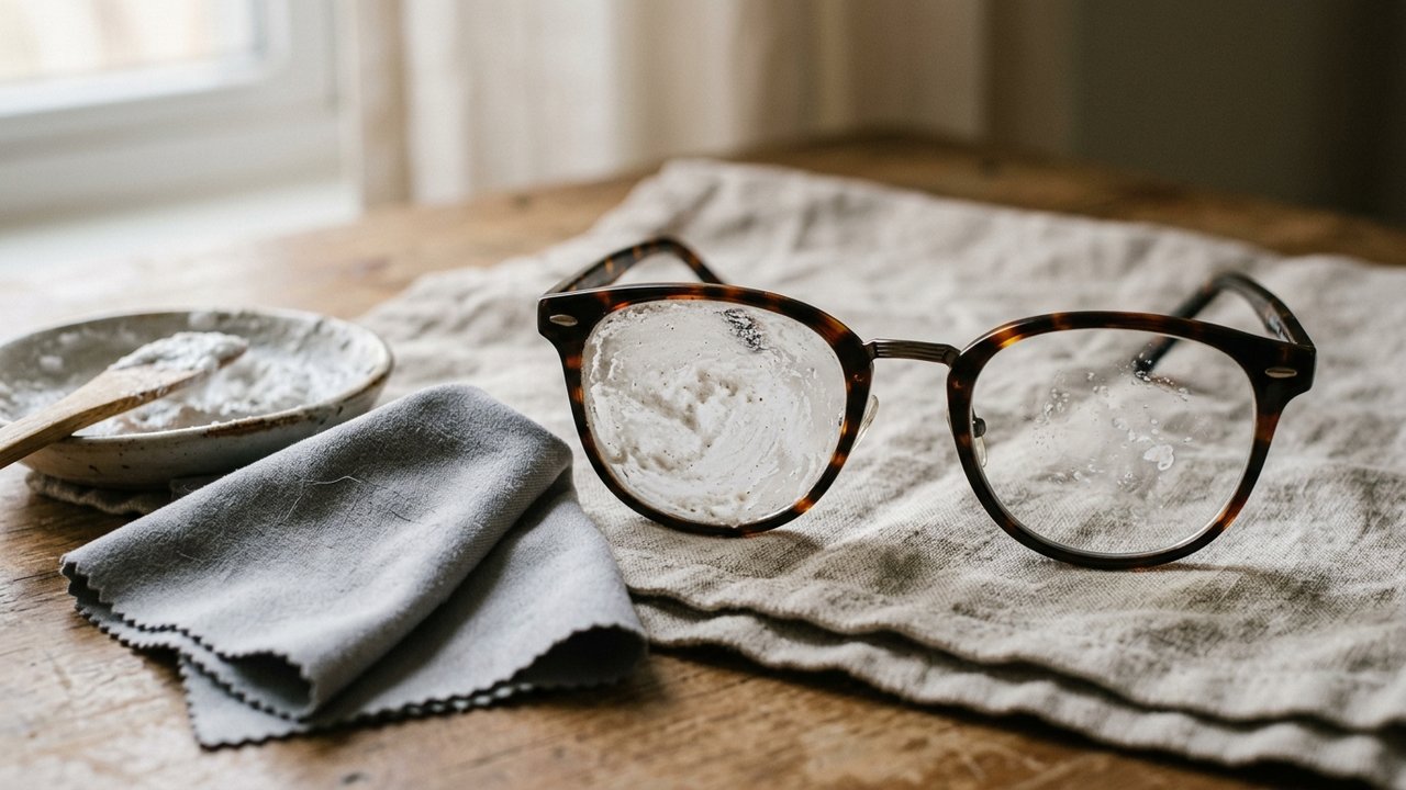 Application de dentifrice et bicarbonate de soude sur des verres de lunettes