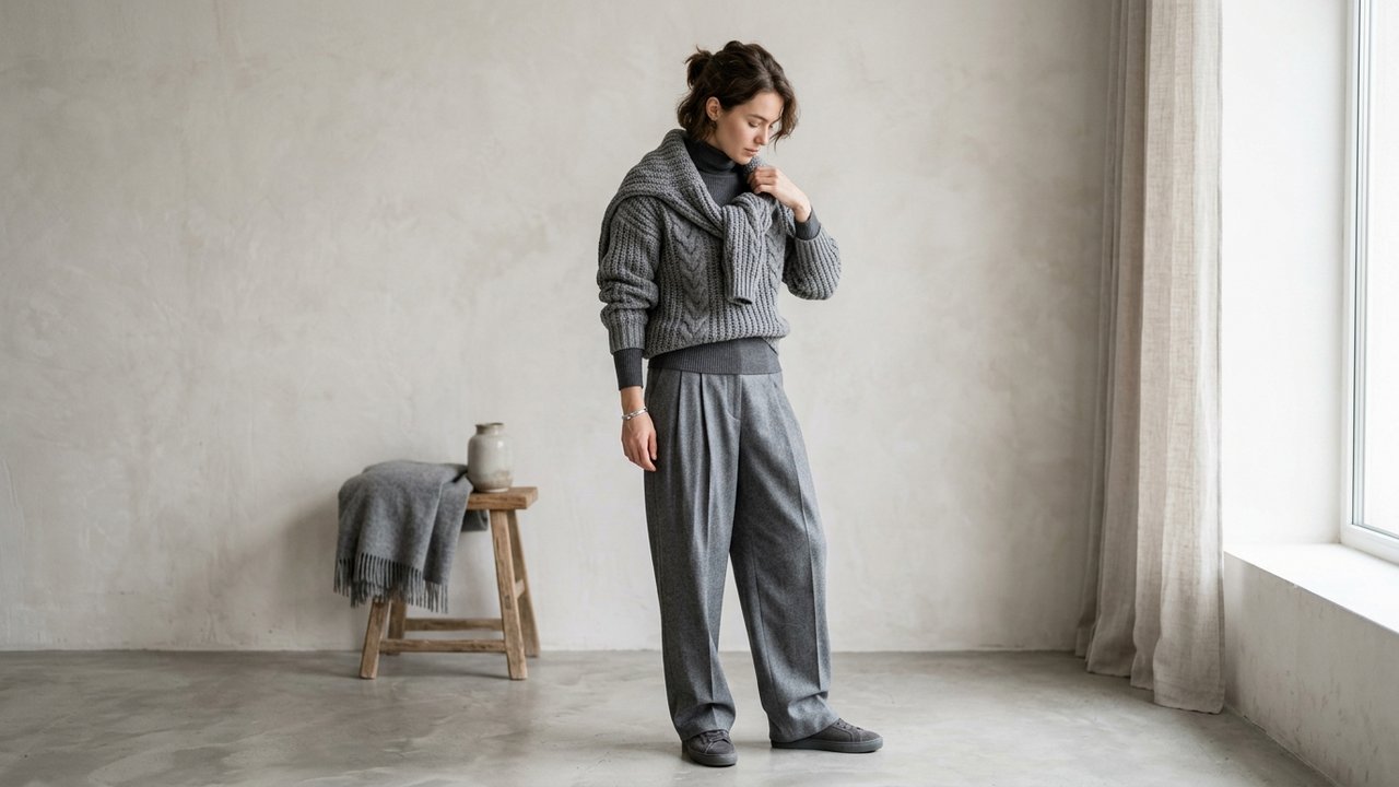 Assemblage d'un outfit monochrome gris avec différents volumes et matières