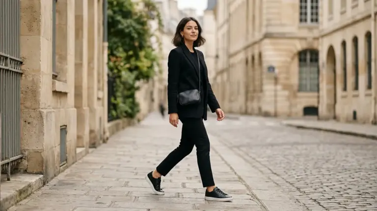 Tenue monochrome complète en noir avec sneakers blanches