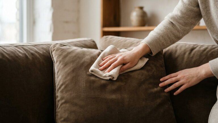 Nettoyage délicat d'un canapé en velours avec un chiffon doux