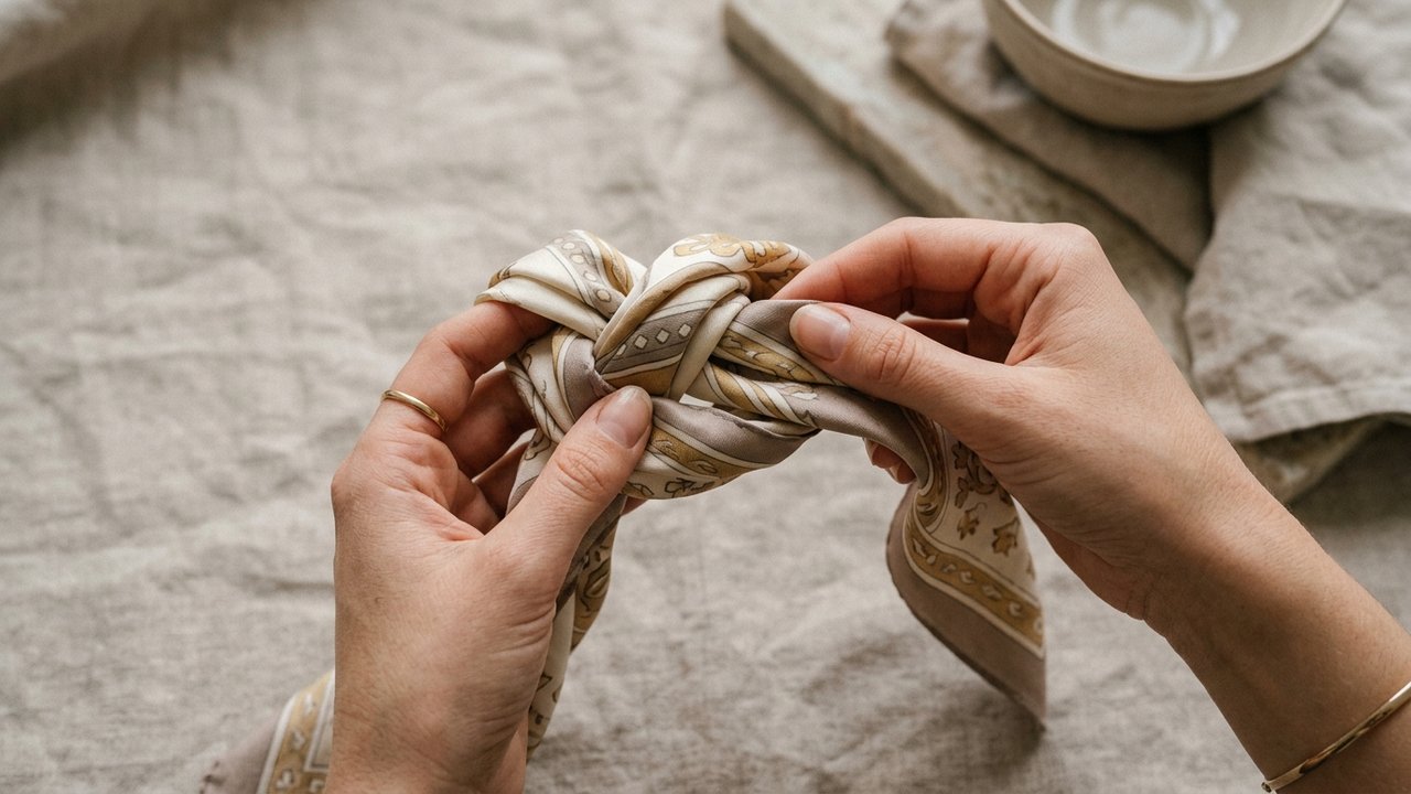 Démonstration du nœud brezel avec un foulard de soie