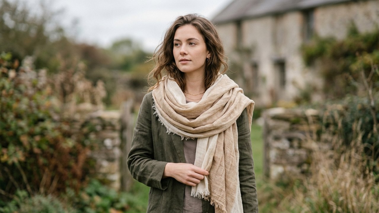 Femme portant un grand chèche foulard enroulé autour du cou