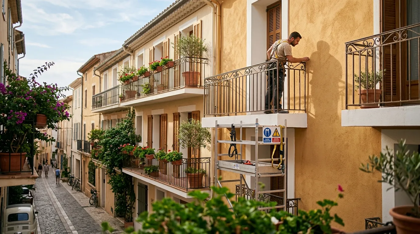 Artisan qui travaille sur un façade dans le cadre d'un plan pluriannuel de travaux