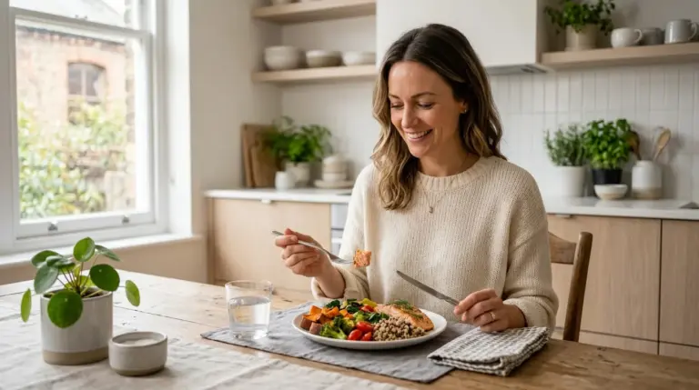 Femme qui mange un repas sain et équilibré