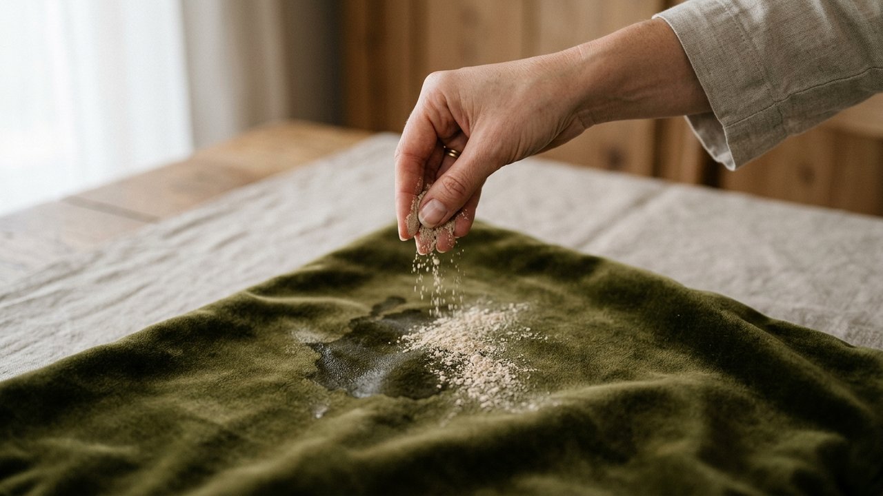 Application de terre de Sommières sur une tache de canapé en velours