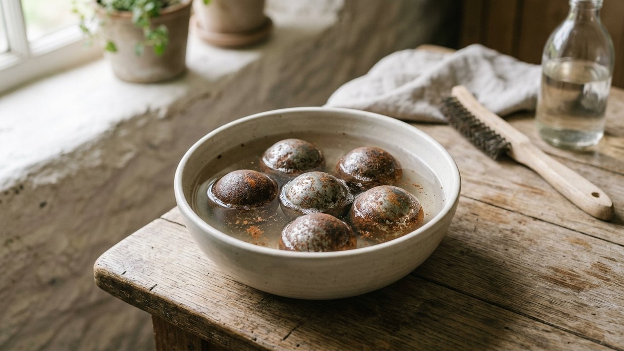 Boules de pétanque rouillées trempées dans du vinaigre blanc