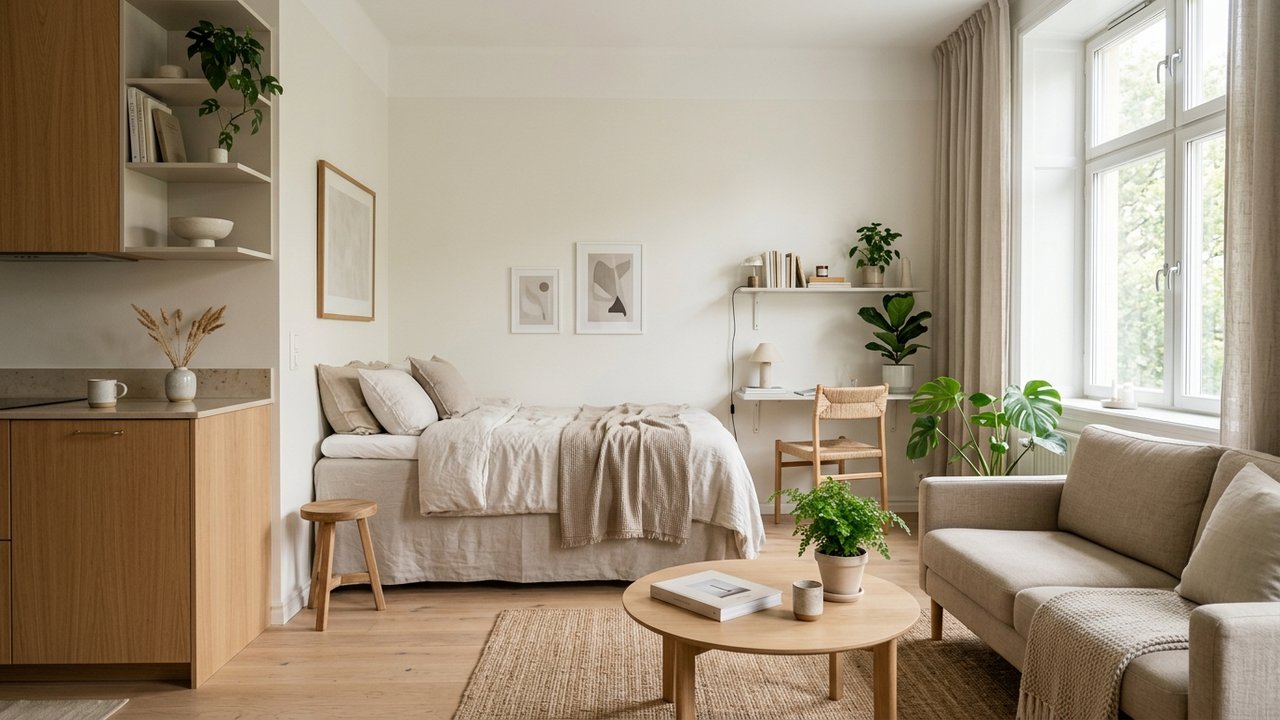 Studio aménagé avec mobilier multifonction et espaces délimités