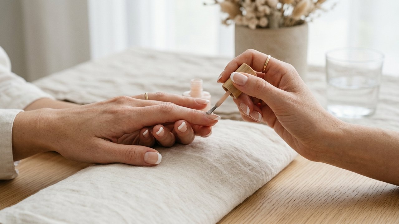 Application du vernis nude sur la pointe blanche d'une french manucure