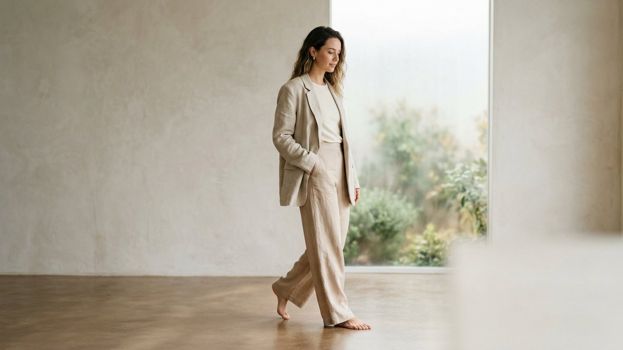 Femme en blazer oversize beige et pantalon large, style chic décontracté