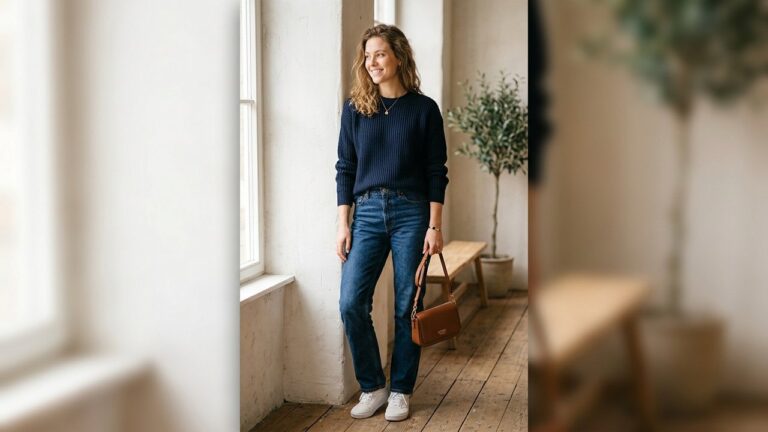 Femme portant des vêtements de marque Levi's, Tommy Hilfiger et sac Guess pour la fête des mères