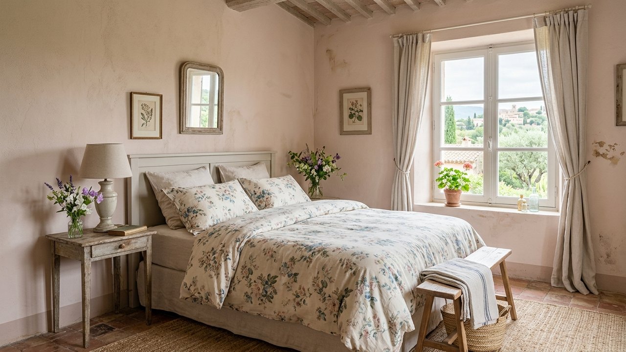 Chambre style provençal avec décoration pastel et motifs floraux