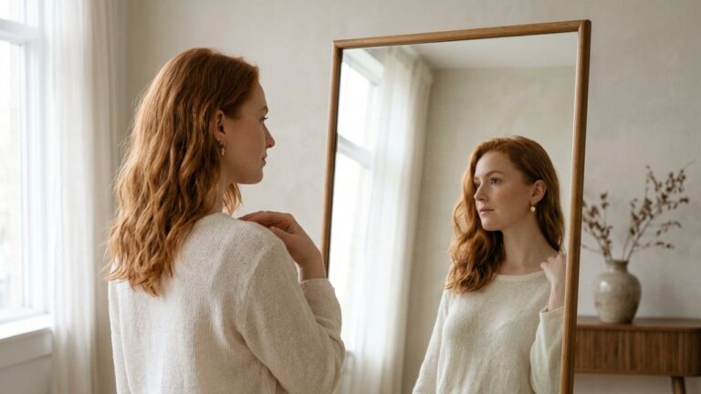 Femme examinant les reflets roux de ses cheveux