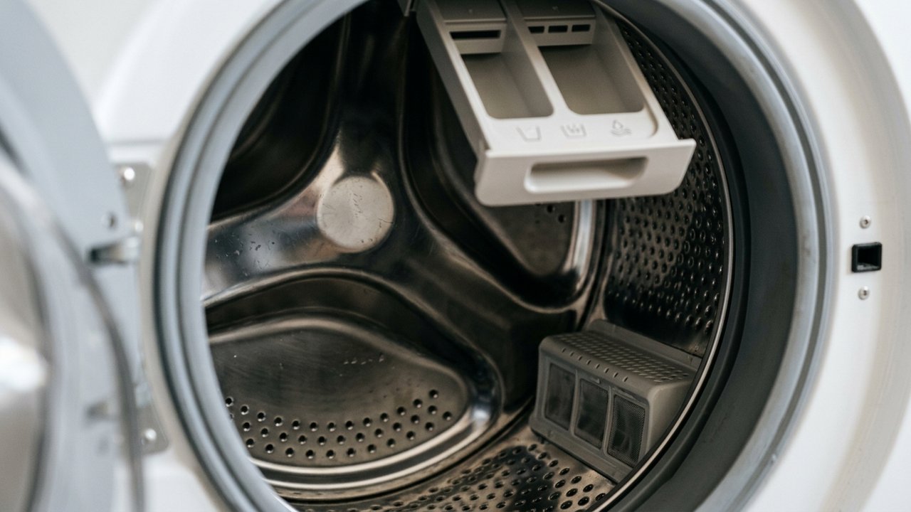 Intérieur d'une machine à laver montrant le filtre et le tambour