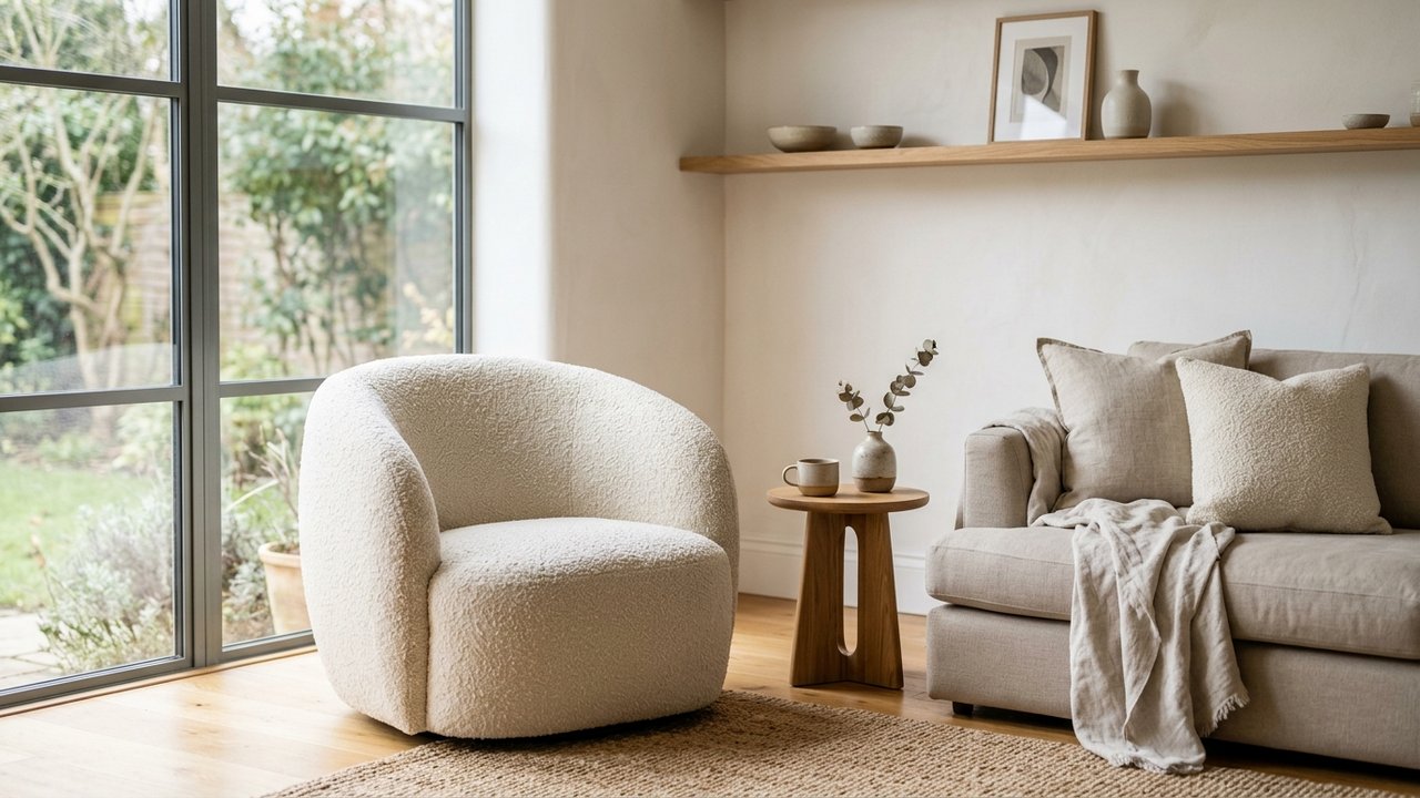 Fauteuil aux formes arrondies créant un contraste avec le canapé