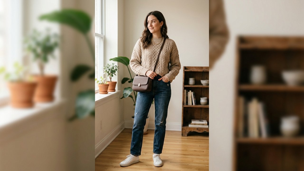 Femme portant un sac Guess, jean Tommy Hilfiger et sweat Levi's pour un look coordonné
