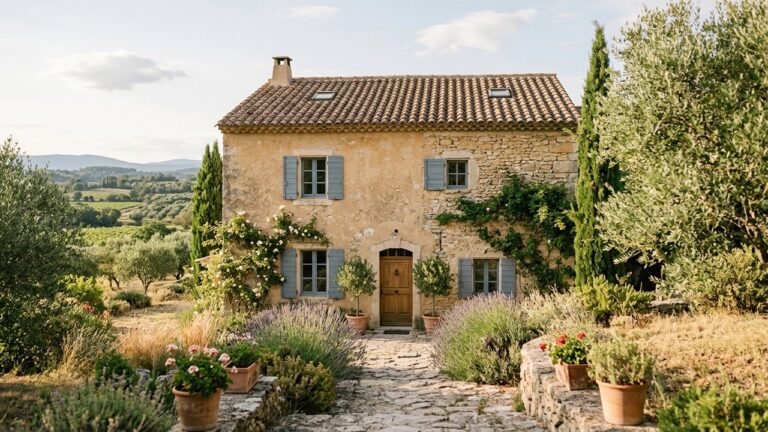 Façade d'une maison style provençal avec tuiles terre cuite et volets colorés