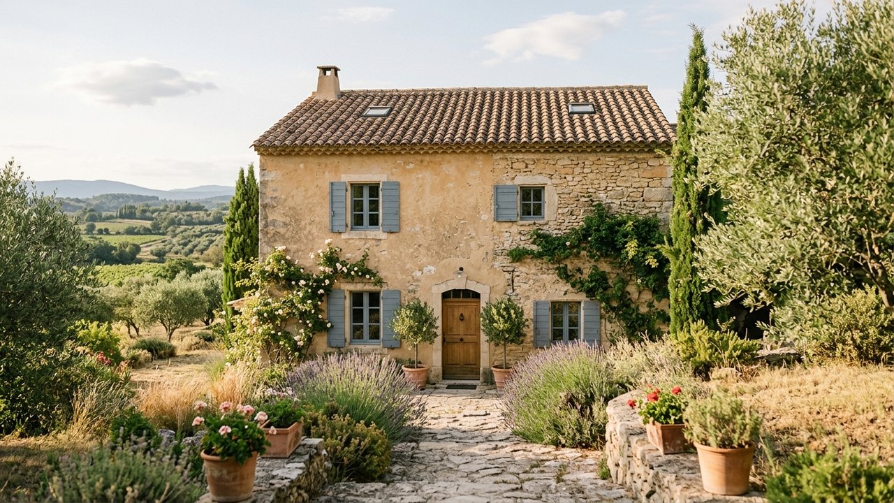 Façade d'une maison style provençal avec tuiles terre cuite et volets colorés