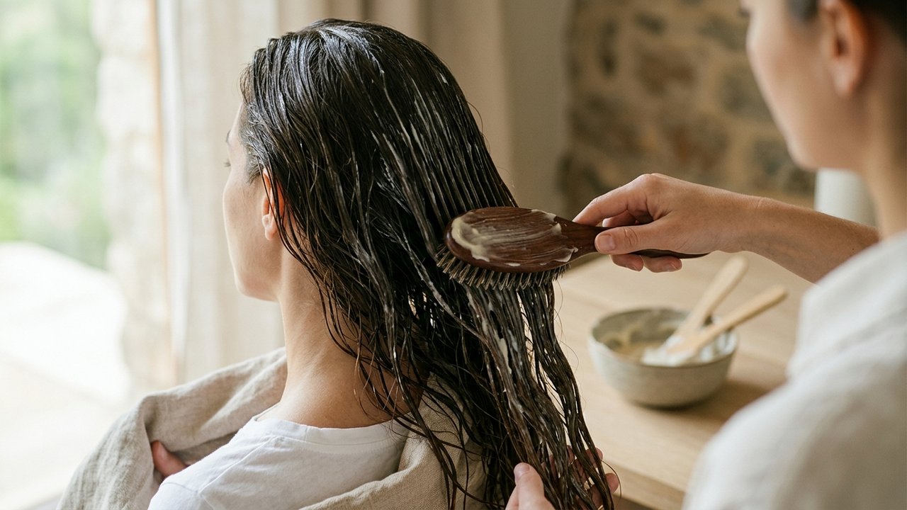 Application d'un masque nourrissant en profondeur sur les cheveux