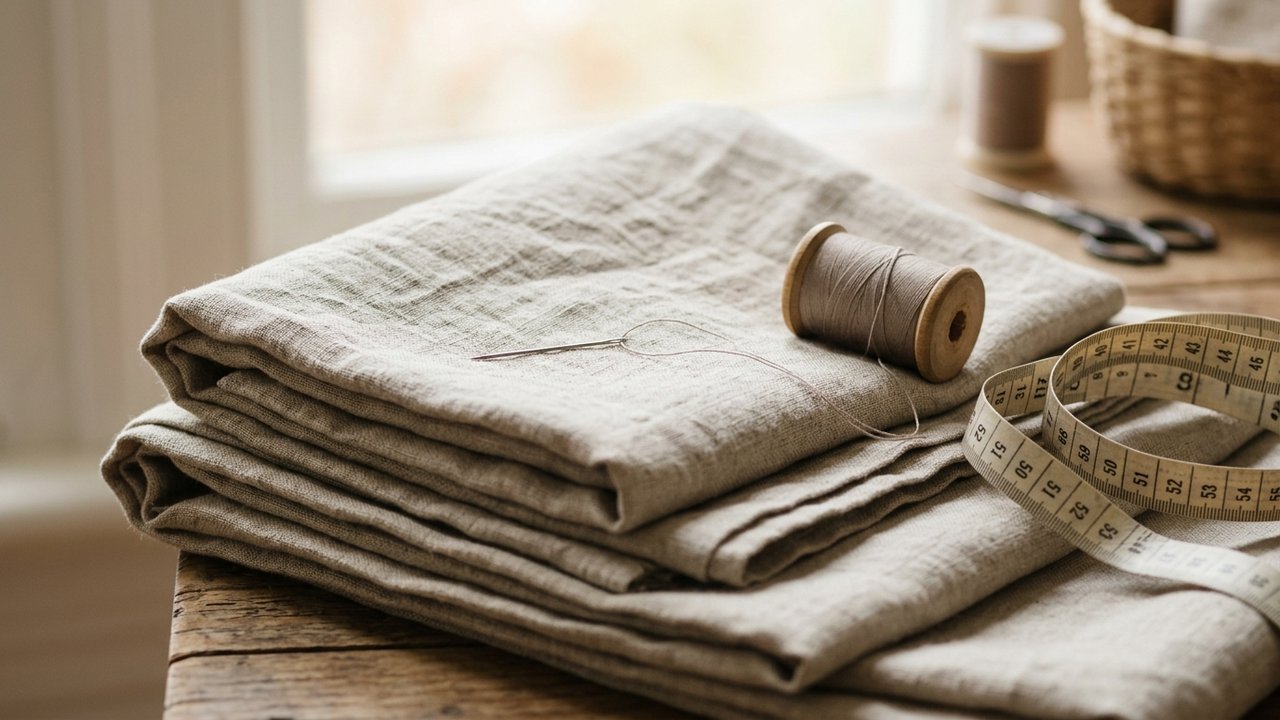 Ourlet en couture avec aiguille et fil sur tissu plié
