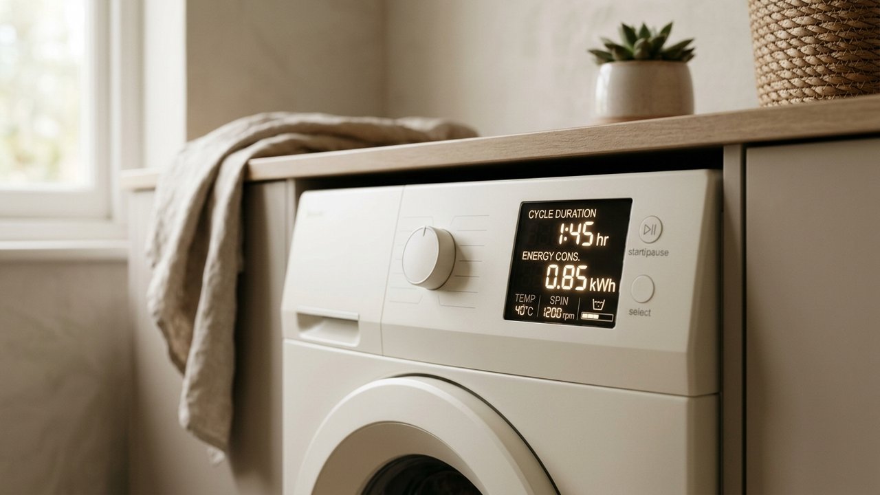 Panneau de commande d'un lave-linge avec programmes et consommation
