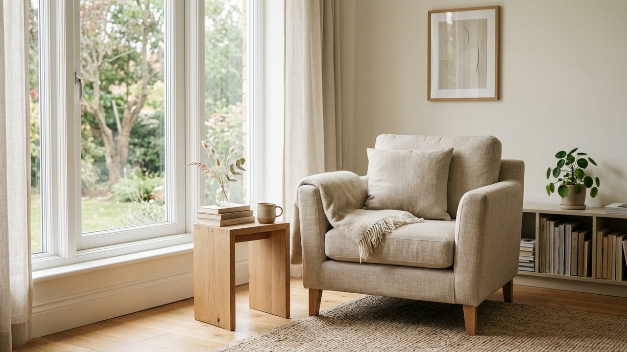 Fauteuil placé en angle près d'une fenêtre pour un coin lecture
