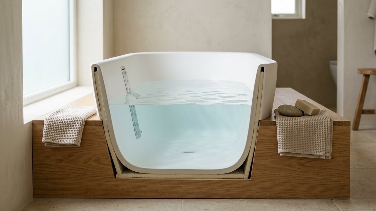 Coupe transversale d'une baignoire montrant la profondeur et la hauteur d'eau utile