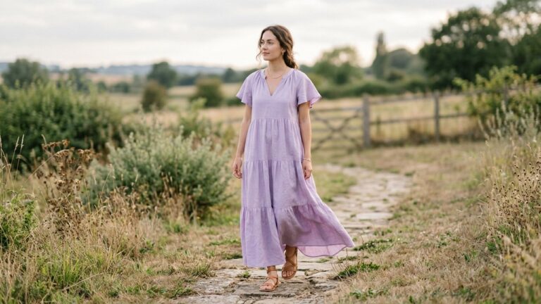 Femme portant une robe longue fluide lavande, tendance vêtements femme