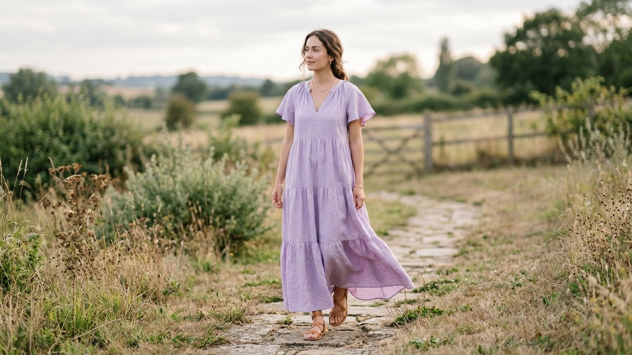 Femme portant une robe longue fluide lavande, tendance vêtements femme