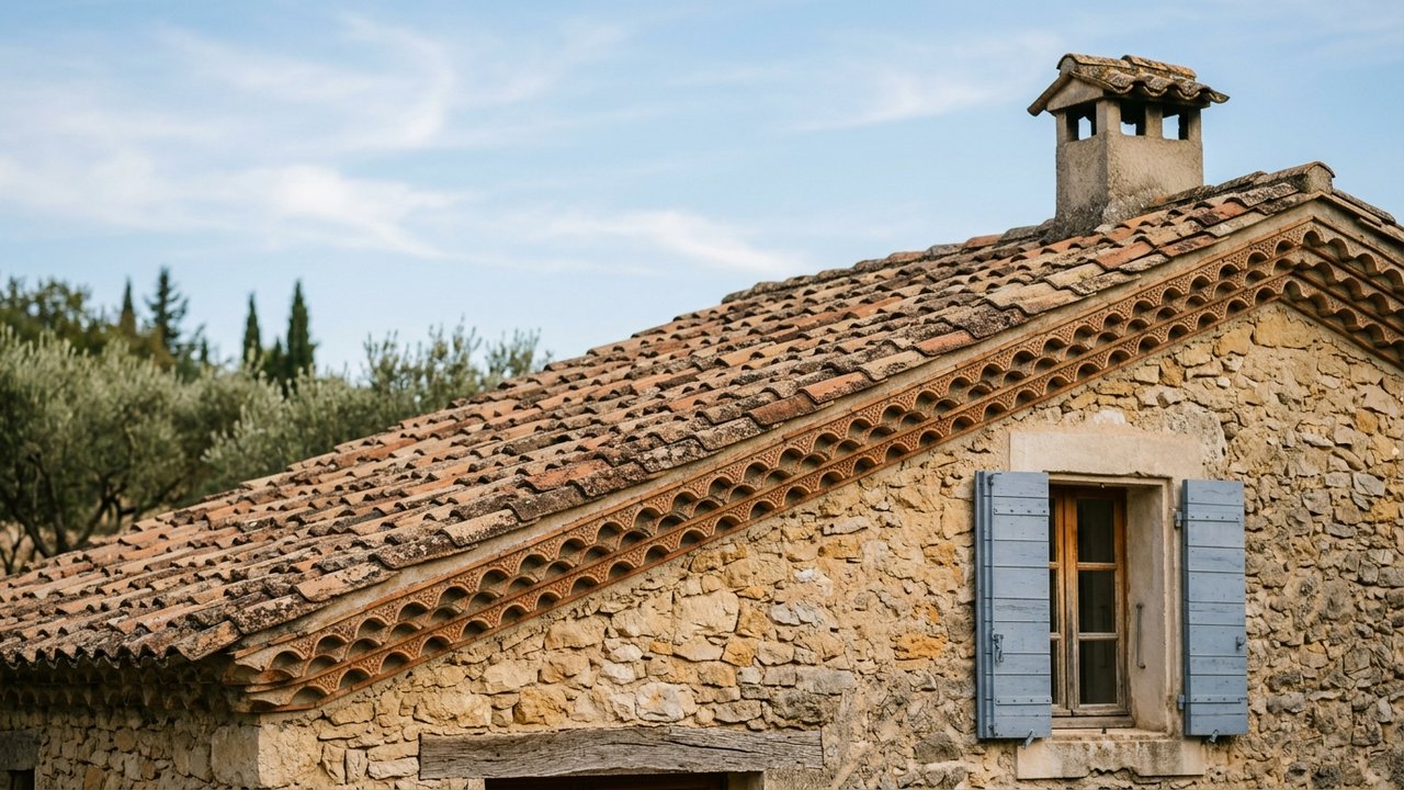Toiture d'une maison provençale avec tuiles en terre cuite et génoises