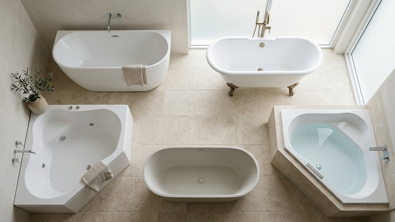 Vue de dessus comparant différents modèles de baignoires : d'angle, îlot et compacte