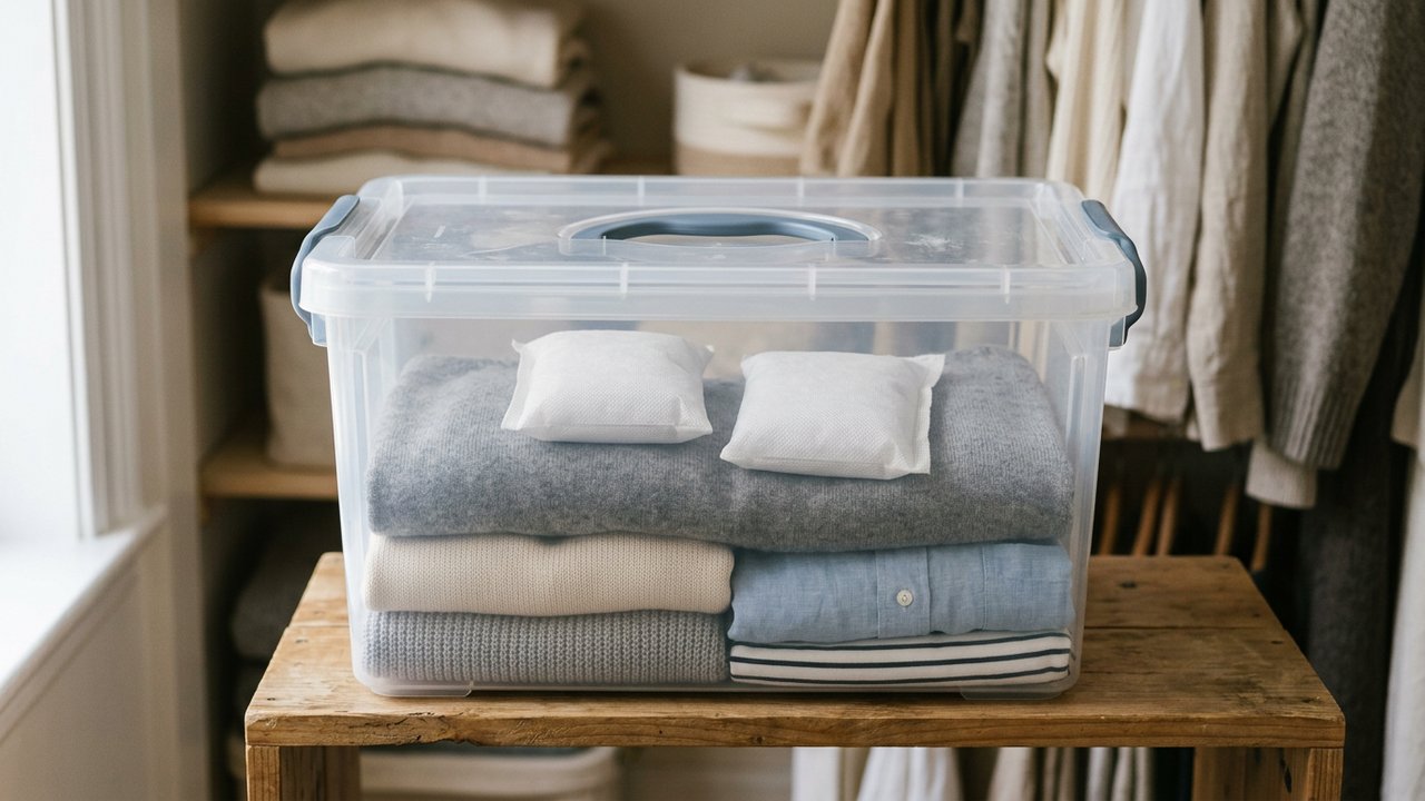 Absorbeur d'humidité placé dans un bac de rangement fermé avec vêtements