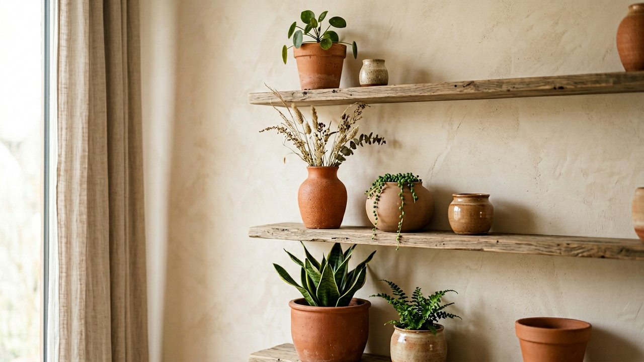 Accessoires en terre cuite et céramique terracotta sur étagère bois