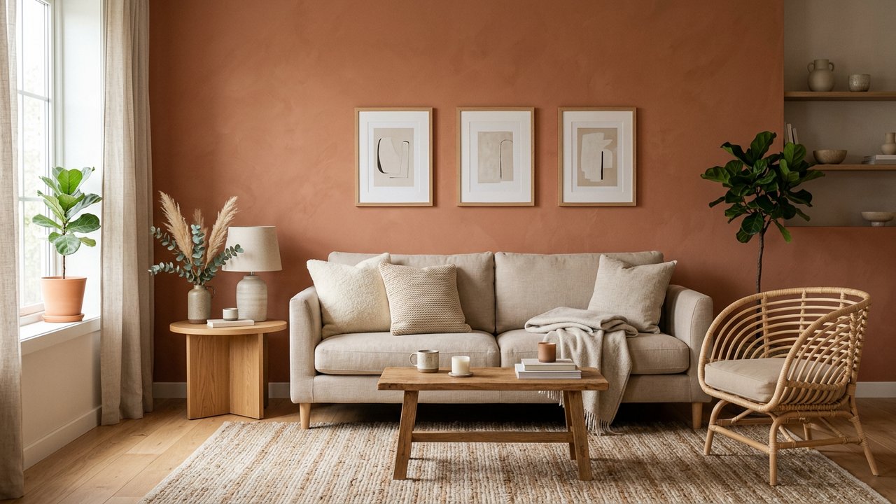 Salon avec mur accent terracotta, mobilier beige et textiles naturels