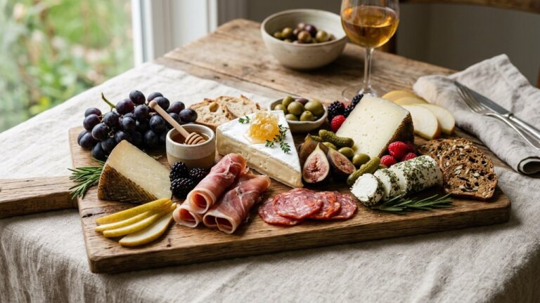 Belle entrée facile : plateau apéritif avec fromages, charcuteries et fruits frais