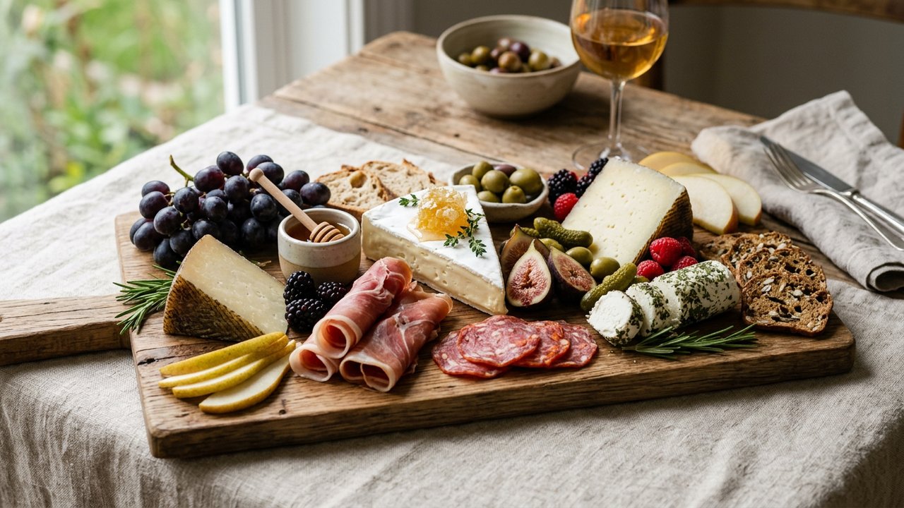 Belle entrée facile : plateau apéritif avec fromages, charcuteries et fruits frais