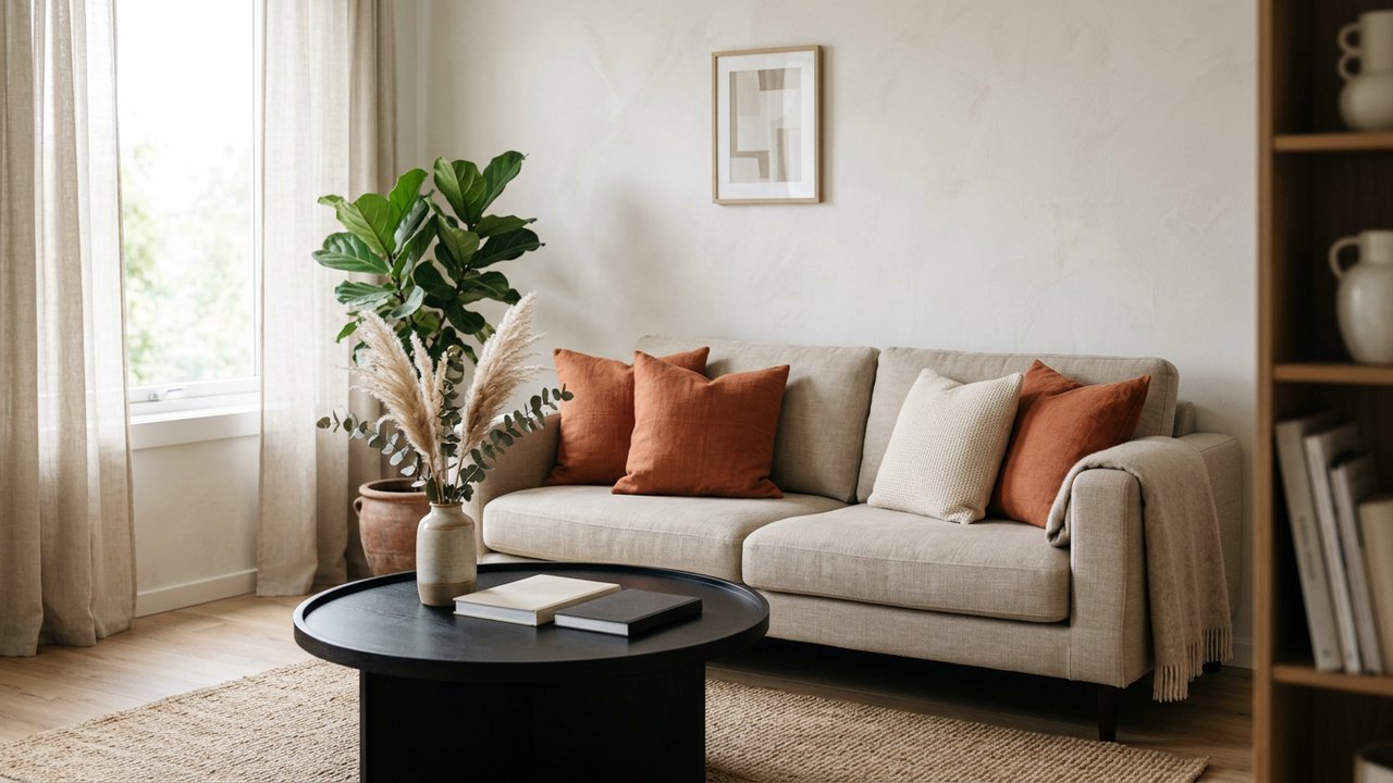 Canapé beige avec coussins terracotta et table basse noire