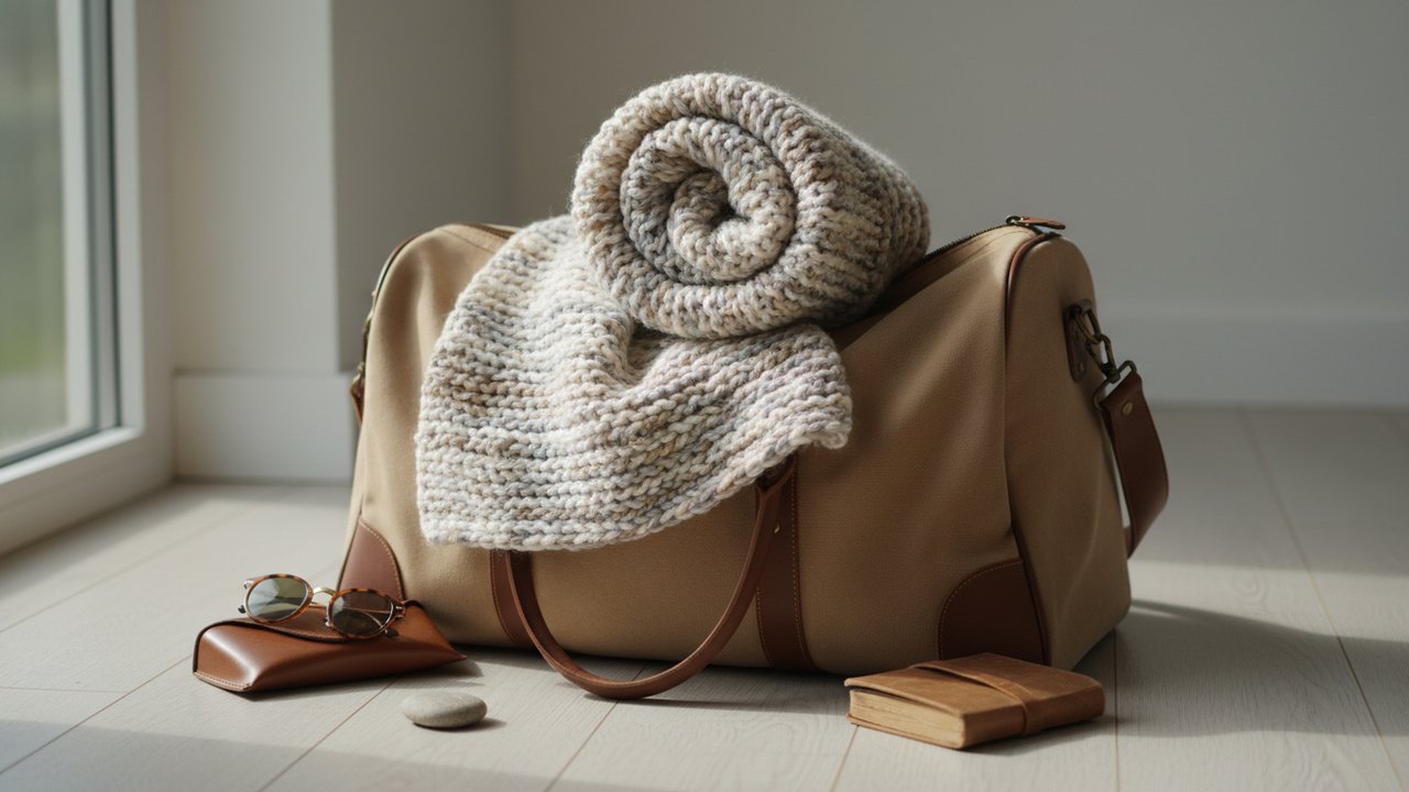 Châle tricoté roulé dans un sac de voyage pour les vacances
