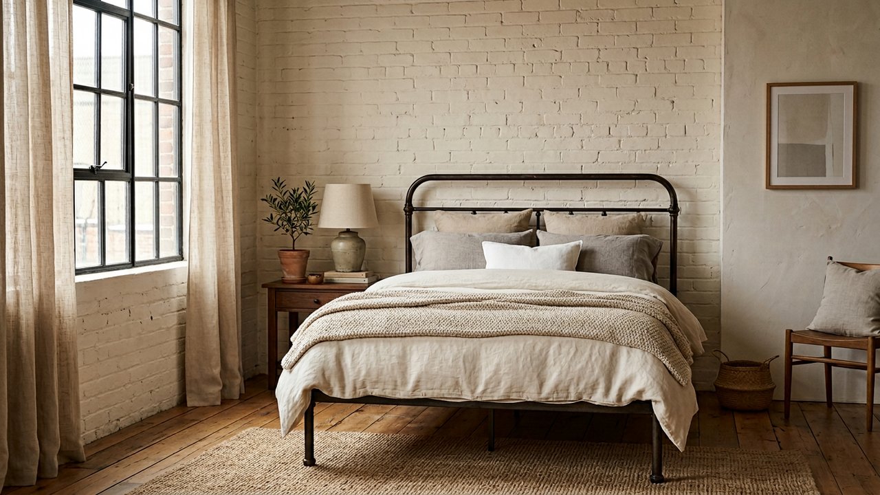 Chambre style industriel cosy avec lit en métal et éclairage chaud