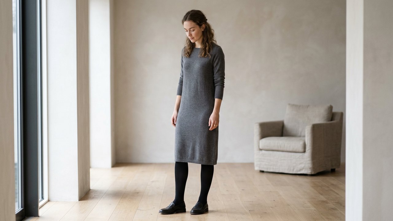 Femme portant des collants sans culotte intégrée sous une robe ajustée