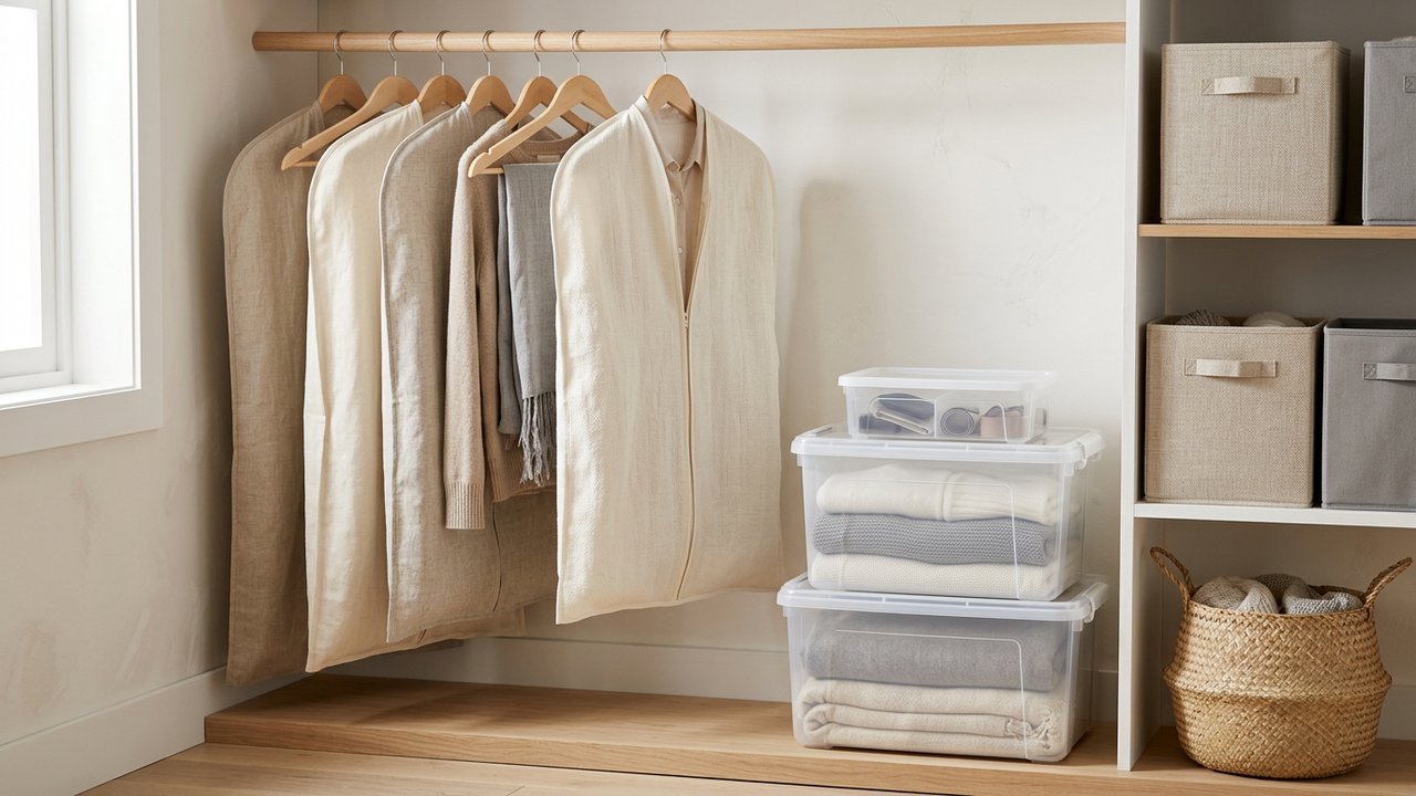 Différents contenants de rangement : bacs plastiques, housses en tissu et penderies